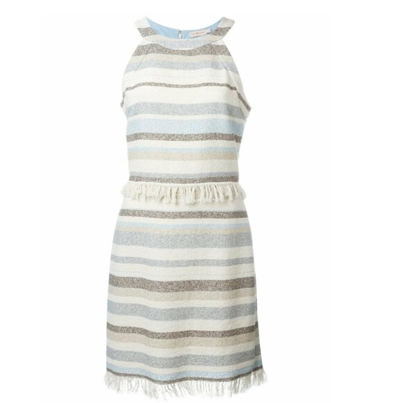 Tory Burch Mini Fringed Boho Dress 10 Ivory Sleeveless Cotton Sheath Stripe - Picture 6 of 8
